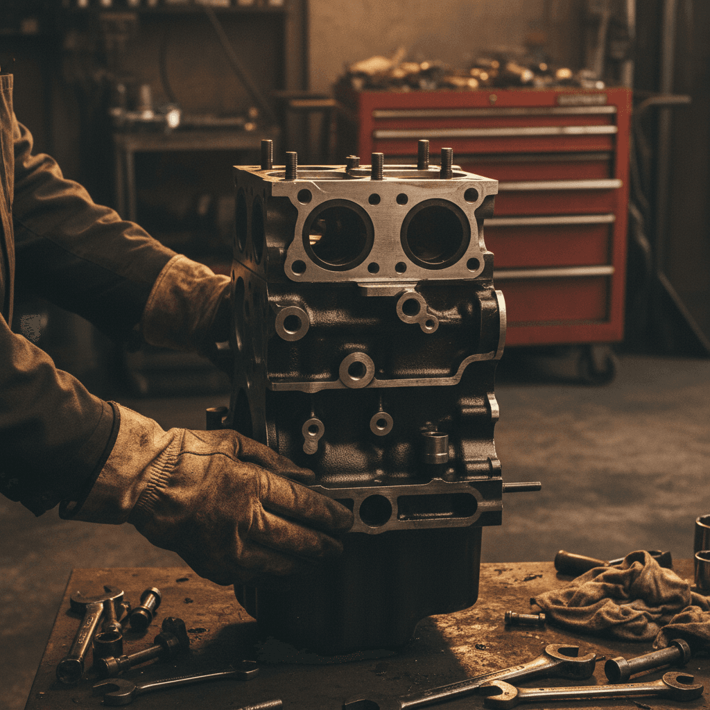 Mechanic inspecting rebuilt engine block