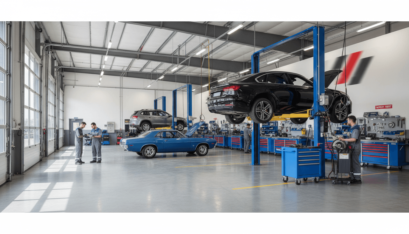 A bright, energetic wide shot of the interior of El Mata Auto Repair's service bay