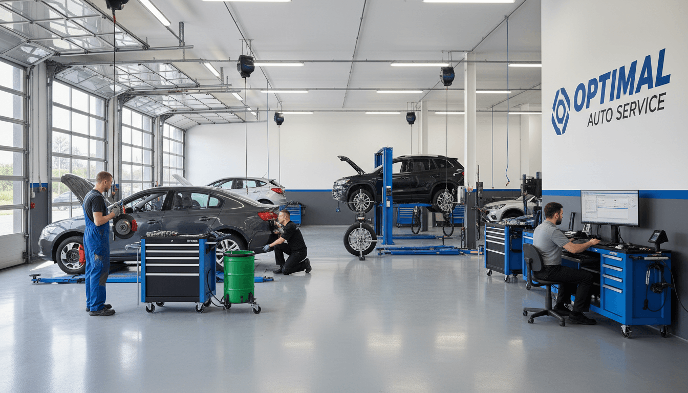 A bright, energetic lifestyle aesthetic wide shot of El Mata Auto Repair's service bay